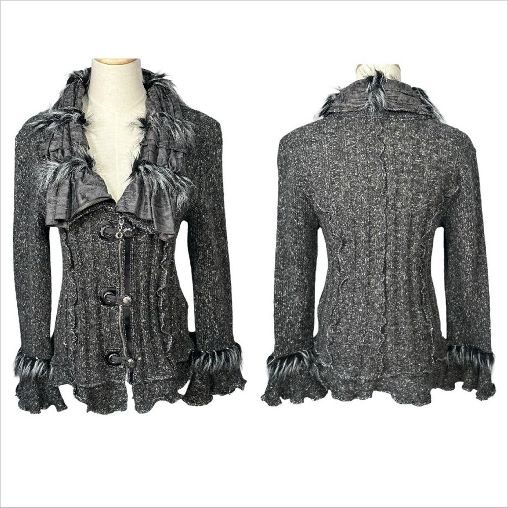 Y2K Fairy Grunge Ruffle‎ Cardigan Faux Fur Trim Goth Indie Boho Forest Size M